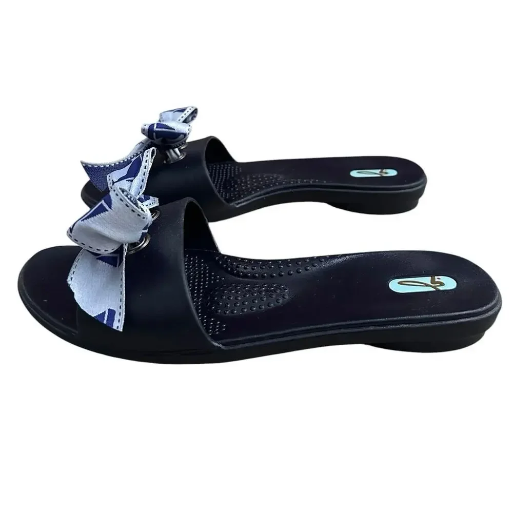 Oka-B Navy Comfort Slide Sandals Blue Sailboat Bow Women Size L (10-11) Made USA